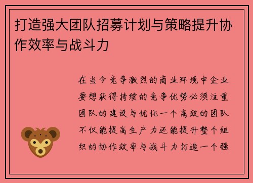 打造强大团队招募计划与策略提升协作效率与战斗力