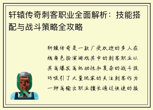 轩辕传奇刺客职业全面解析：技能搭配与战斗策略全攻略